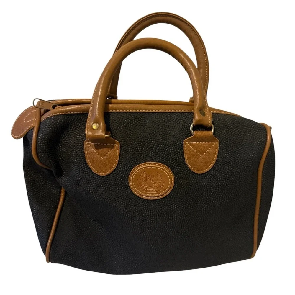 Bag Bazaar Black Brown Satchel Top Handle Zip Inner Pockets Pebble Leather Vtg